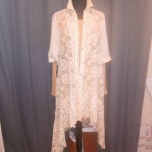 Tlew De Lis Cream Lace Full Length Short Sleeve Jacket Duster Medium Bohemian